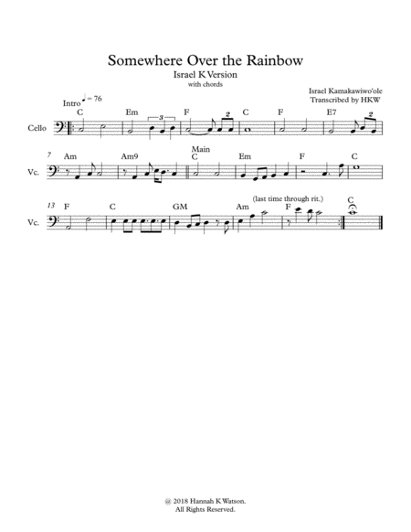 Somewhere Over The Rainbow Israel K Cello Solo Sheet Music