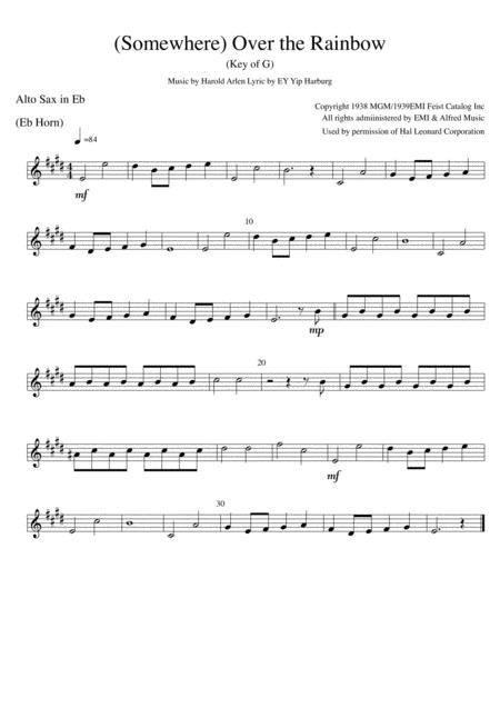 Somewhere Over The Rainbow Key Of G Solo Part For Alto Saxophone Or Horn In Eb Sheet Music