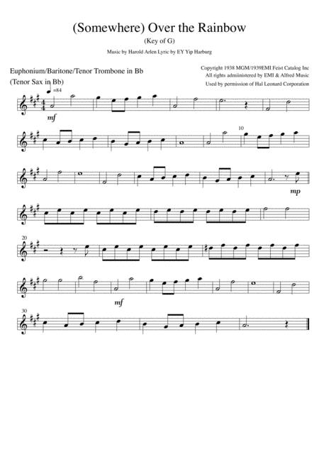 Somewhere Over The Rainbow Key Of G Solo Part For Euphonium Baritone Tenor Trombone In Bb Treble Clef Or Tenor Sax Sheet Music