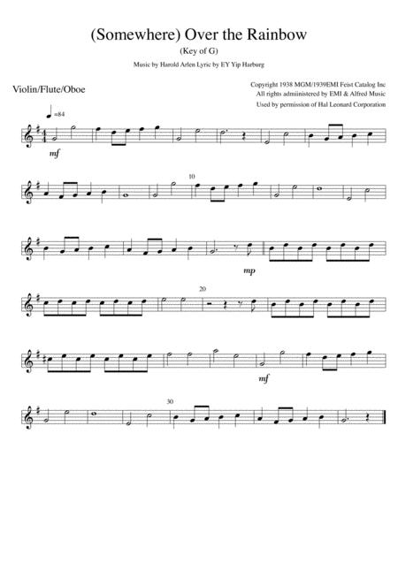 Somewhere Over The Rainbow Key Of G Solo Part For Flute Violin Or Oboe Sheet Music