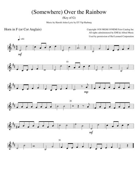 Free Sheet Music Somewhere Over The Rainbow Key Of G Solo Part For Horn In F Or English Horn Cor Anglais