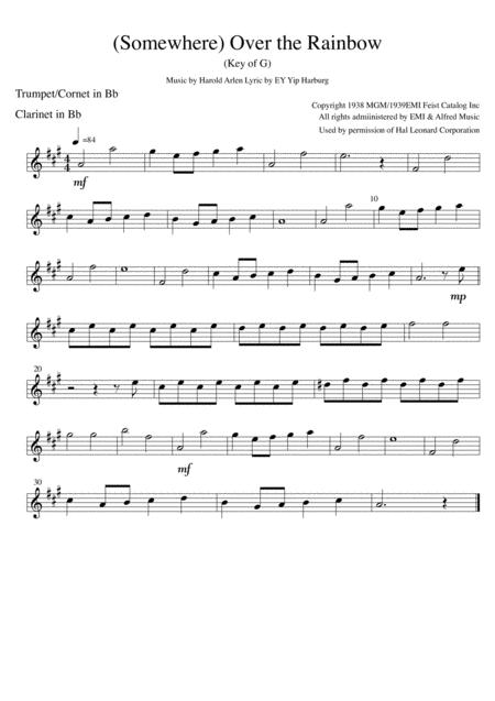 Somewhere Over The Rainbow Key Of G Solo Part For Trumpet Cornet Or Clarinet In Bb Sheet Music