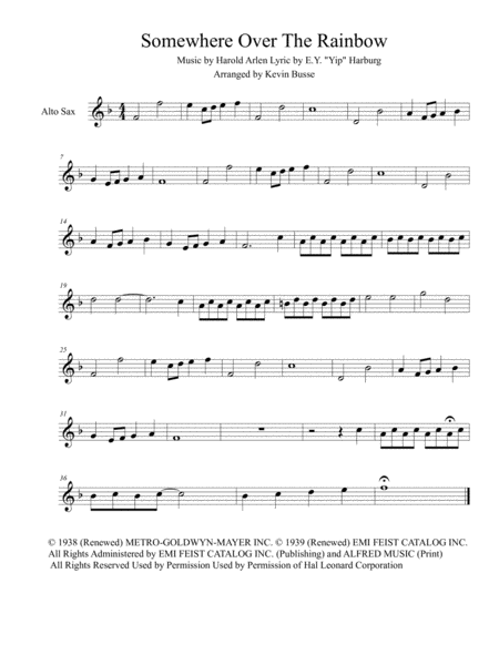 Somewhere Over The Rainbow Original Key Alto Sax Sheet Music