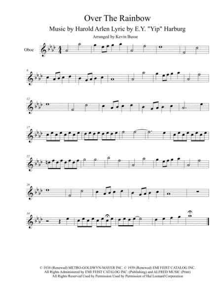 Somewhere Over The Rainbow Original Key Oboe Sheet Music