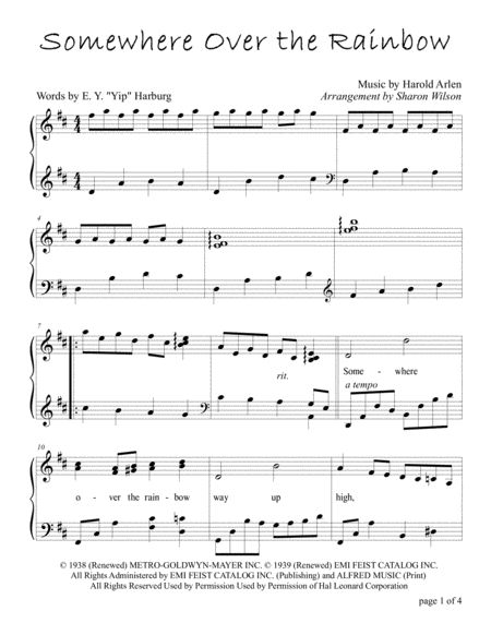 Somewhere Over The Rainbow Piano Solo From The Broadway Musical The Wizard Of Oz Sheet Music