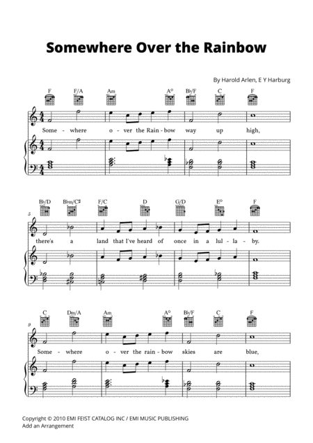 Somewhere Over The Rainbow Piano Vocal Chords Lead Sheet With Guitar Chords Sheet Music