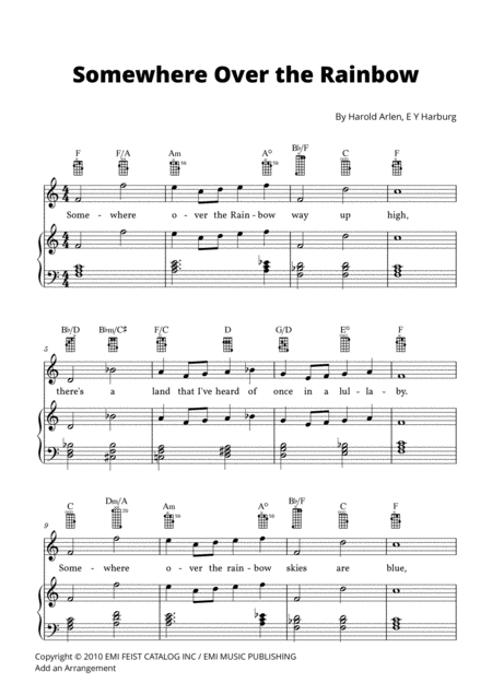 Somewhere Over The Rainbow Piano Vocal Chords Lead Sheet With Ukulele Chords Sheet Music