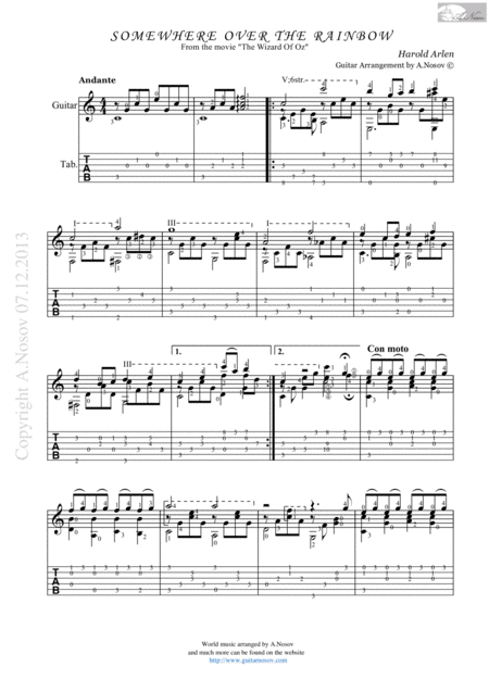 Free Sheet Music Somewhere Over The Rainbow Sheet Music For Guitar