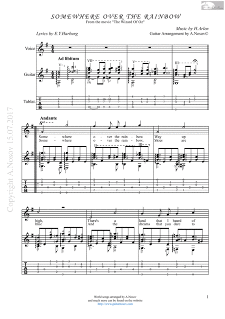 Free Sheet Music Somewhere Over The Rainbow Sheet Music For Vocals And Guitar