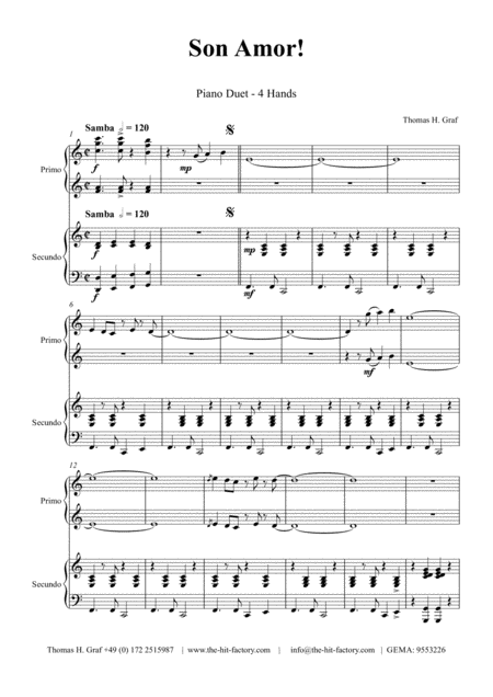 Son Amor Samba Piano Duet 4 Hands Sheet Music