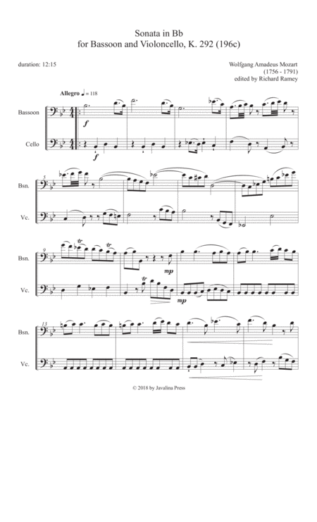 Free Sheet Music Sonata For Bassoon And Cello In Bb Major K 292 196c