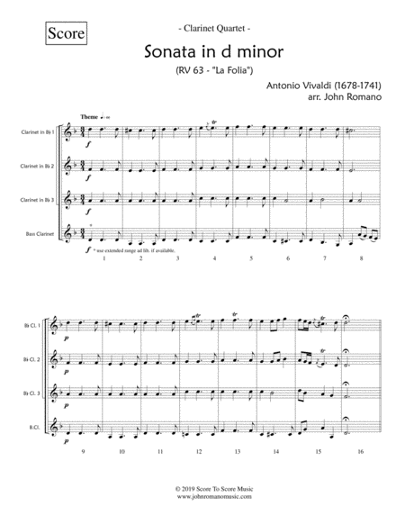 Free Sheet Music Sonata In D Minor Rv63 La Folia Clarinet Quartet