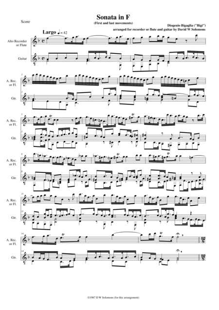 Free Sheet Music Sonata In F 1st And Last Movements For Alto Recorder Or Flute And Guitar