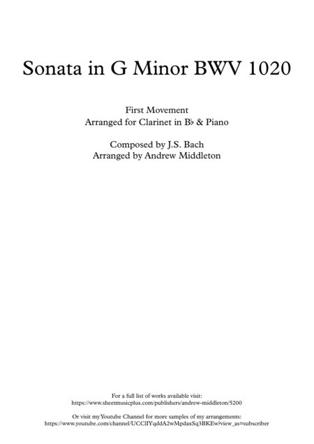 Sonata In G Minor Bwv 1020 First Movement Arranged For Clarinet In B Flat Piano Sheet Music