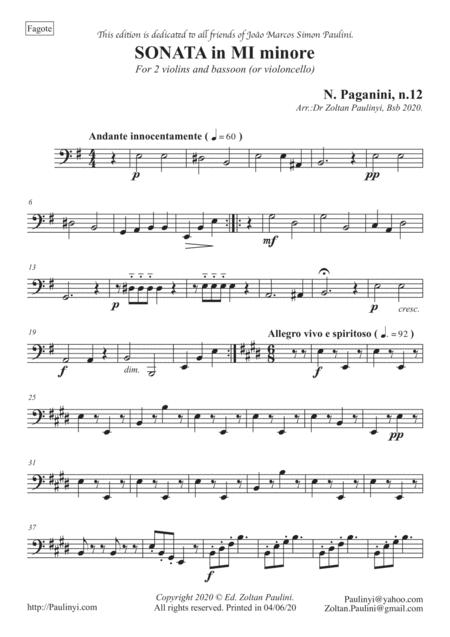 Sonata In Mi Minore N 12 For Trio Solo Violin Violin 2 And Violoncelo Or Bassoon Sheet Music