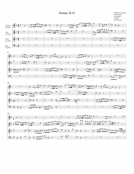 Sonata K 41 Fugue Arrangement For 4 Recorders Sheet Music