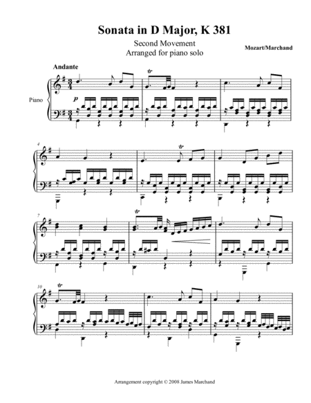 Sonata K381 Second Movement For Piano Solo Sheet Music