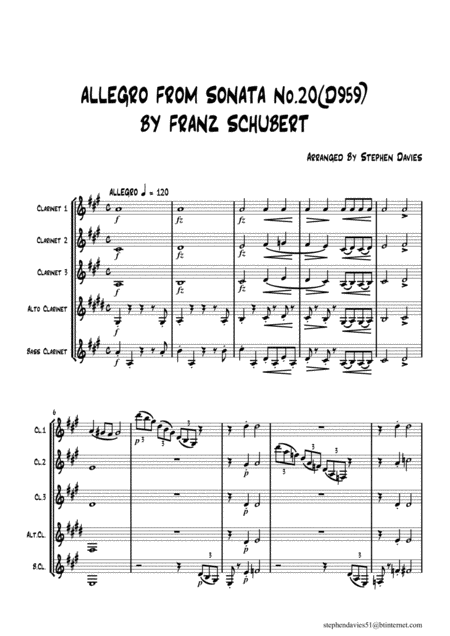 Free Sheet Music Sonata No 20 In A Major By Franz Schubert For Clarinet Quintet