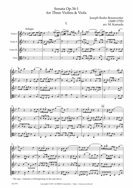 Free Sheet Music Sonata Op 34 1 For Three Violins Viola