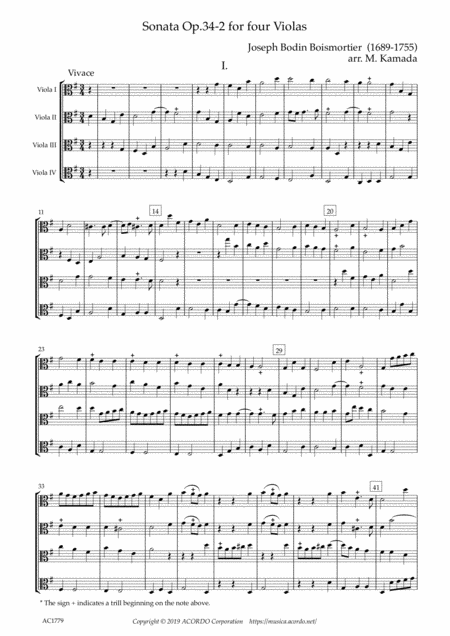 Sonata Op 34 2 For Four Violas Sheet Music