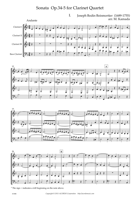 Sonata Op 34 5 For Calrinet Quartet Sheet Music