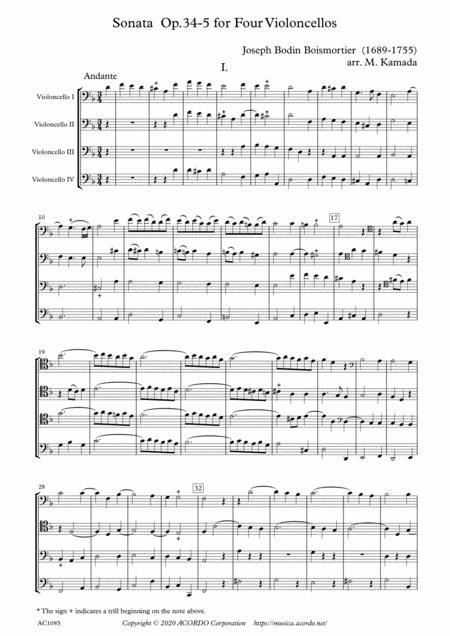 Sonata Op 34 5 For Four Violoncellos Sheet Music