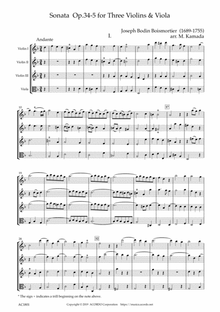 Sonata Op 34 5 For Three Violins Viola Sheet Music