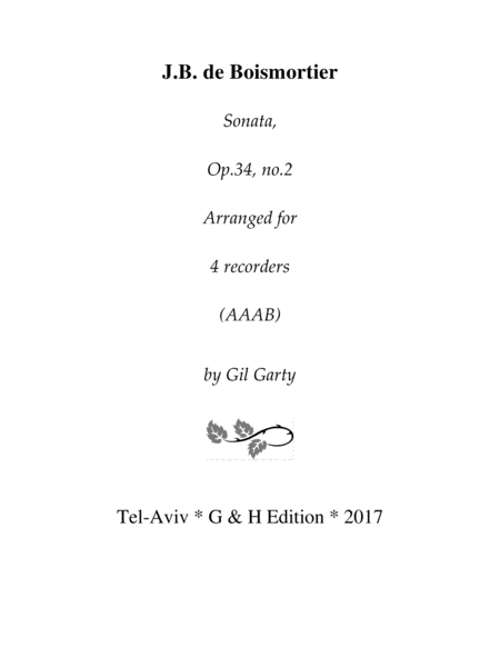 Sonata Op 34 No 2 Arrangement For 4 Recorders Sheet Music