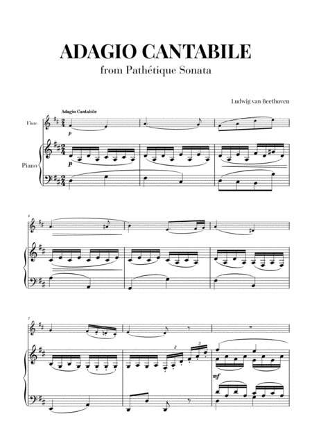 Sonata Pathetique 2nd Movement Adagio Cantabile For Flute And Piano Sheet Music