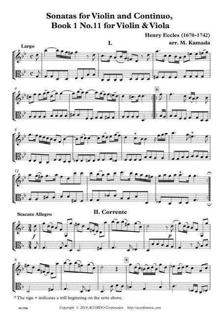 Free Sheet Music Sonatas For Violin And Continuo Book 1 No 11 For Violin Viola