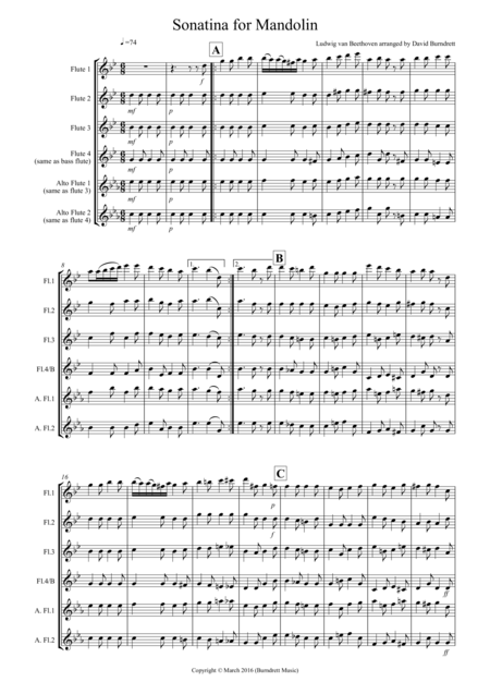 Sonatina By Beethoven For Flute Quartet Sheet Music