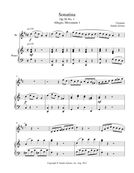 Free Sheet Music Sonatina Clementi Op 36 No 1 Treble Bb Instrument