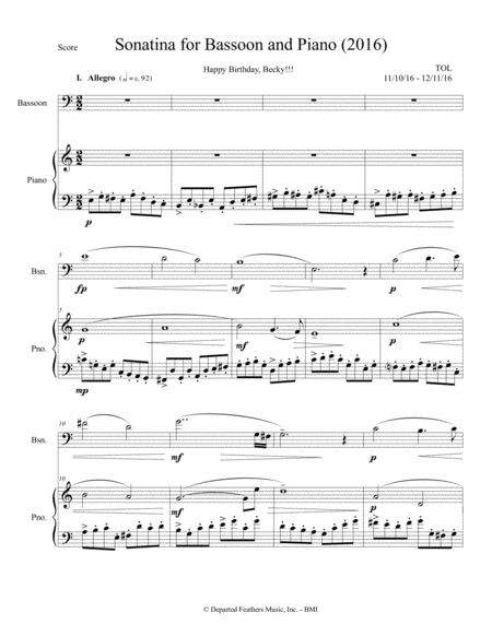 Sonatina For Bassoon And Piano 2016 Sheet Music