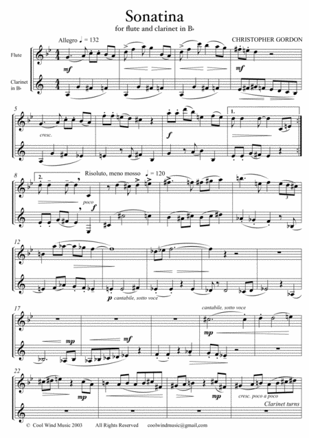 Free Sheet Music Sonatina For Flute Or Oboe And Clarinet In B Flat