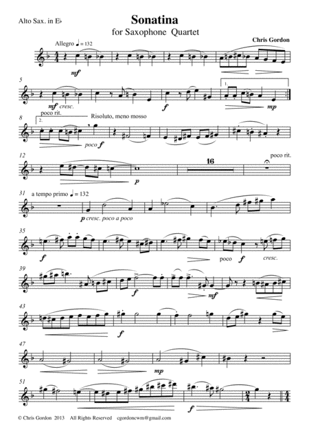 Free Sheet Music Sonatina For Saxophone Quartet Alto Saxophone Part