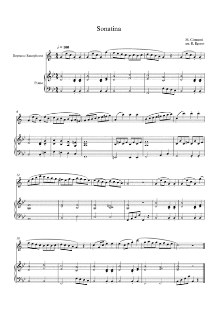 Sonatina In C Major Muzio Clementi For Soprano Saxophone Piano Sheet Music