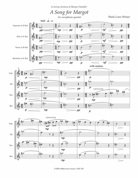 Song For Margot Saxophone Quartet Sheet Music