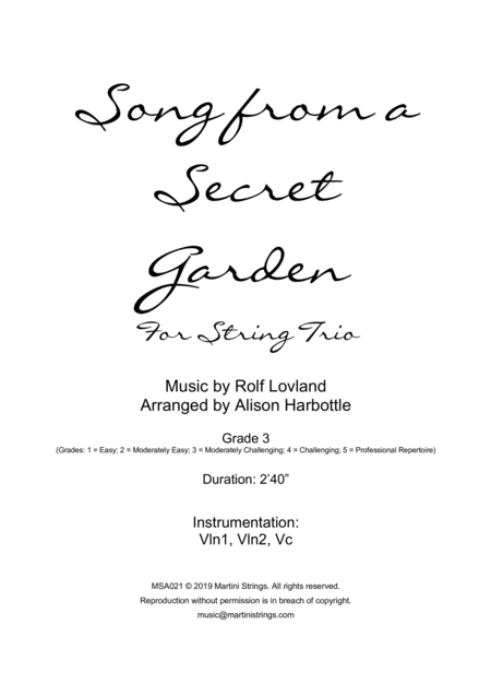 Song From A Secret Garden String Trio Sheet Music