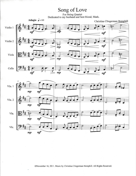 Free Sheet Music Song Of Love For String Quartet