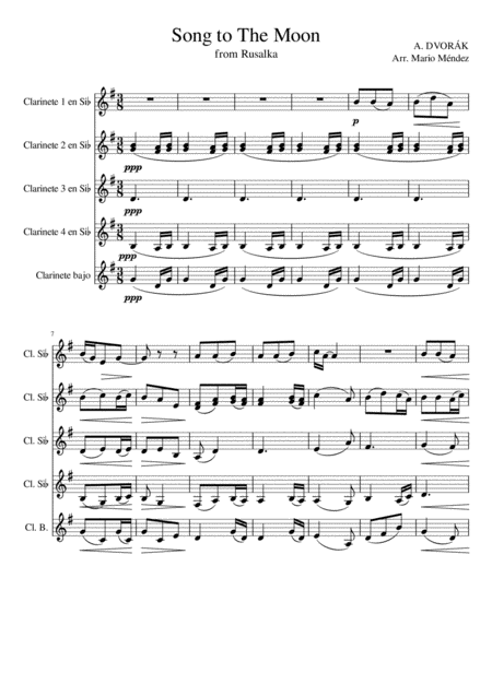 Free Sheet Music Song To The Moon From Opera Rusalka A Dvork Clarinet Quintet Arragement