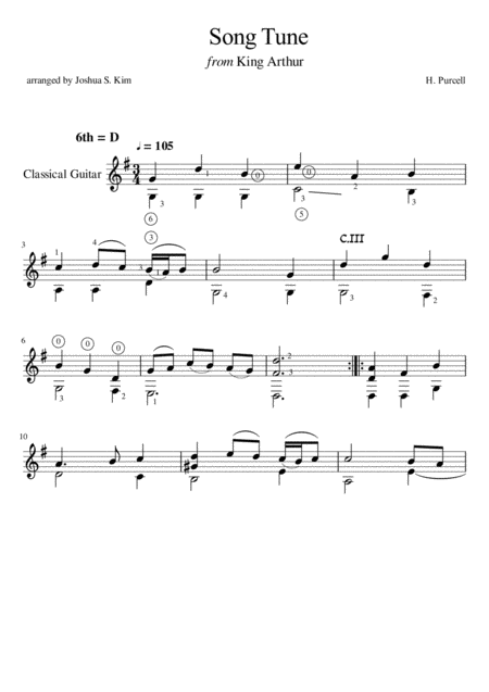 Free Sheet Music Song Tune For Guitar From King Arthur