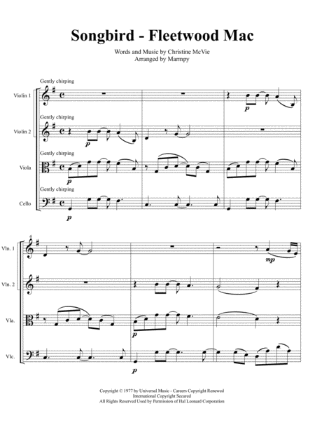Free Sheet Music Songbird Fleetwood Mac Arranged For String Quartet