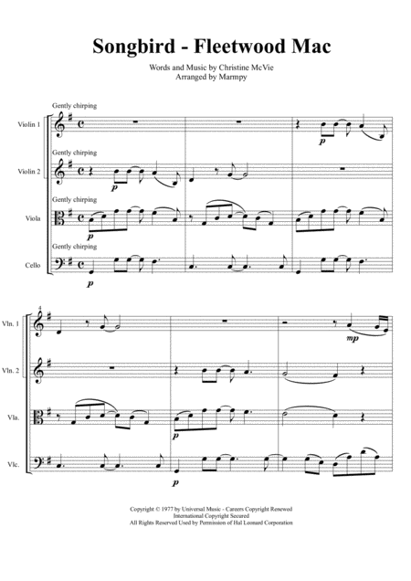 Songbird Fleetwood Mac Arranged For String Quartet Sheet Music