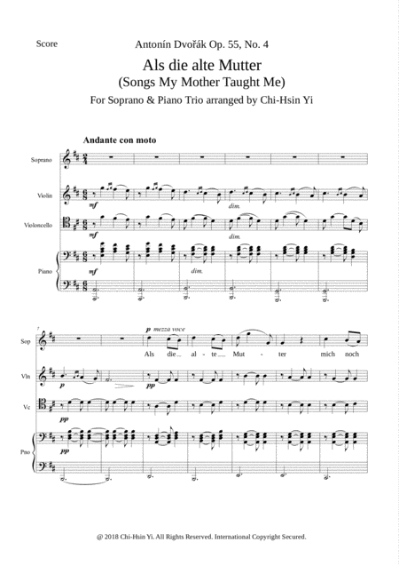 Songs My Mother Taught Me Soprano Piano Trio Sheet Music