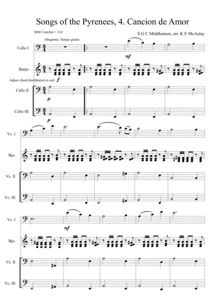 Songs Of The Pyrenees No 4 Cancion De Amor For Three Cellos And Banjo Sheet Music