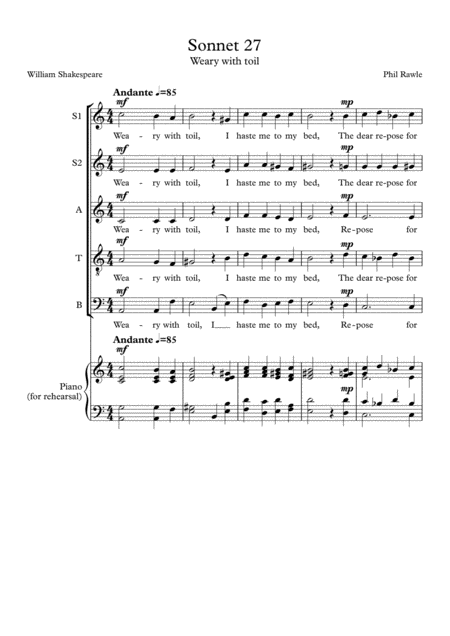 Free Sheet Music Sonnet 27 Weary With Toil