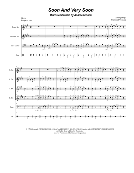 Soon And Very Soon For Saxophone Quartet Sheet Music