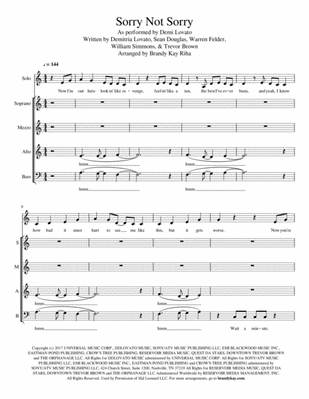 Free Sheet Music Sorry Not Sorry Ssab A Cappella