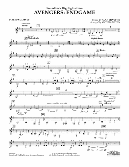 Soundtrack Highlights From Avengers Endgame Arr Michael Brown Eb Alto Clarinet Sheet Music