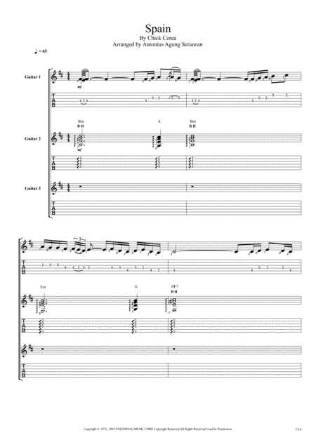 Spain Trio Guitar Tablature Sheet Music